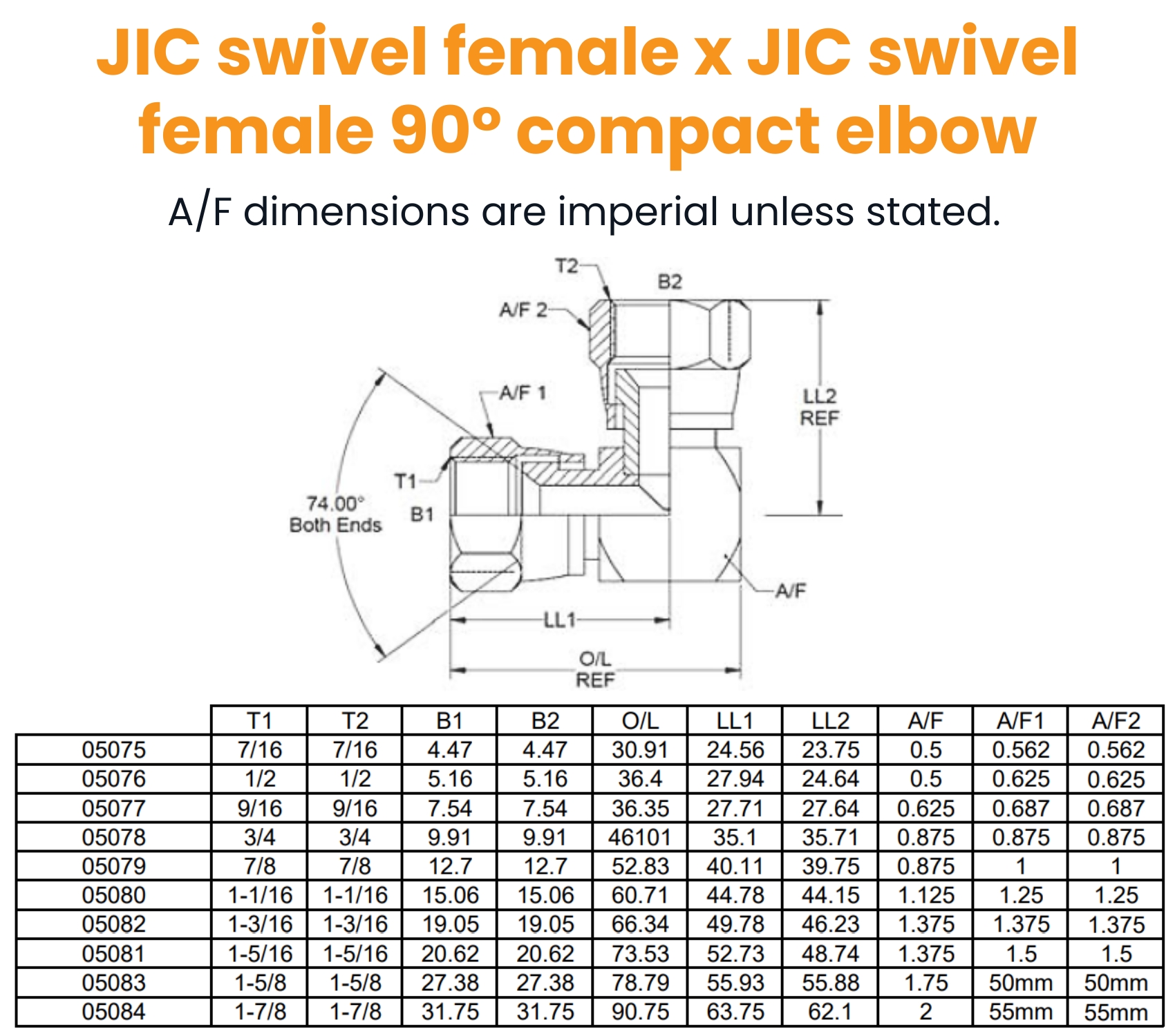 7/16 JIC x 7/16 JIC F/F 90° Compact Hydraulic Adaptor
